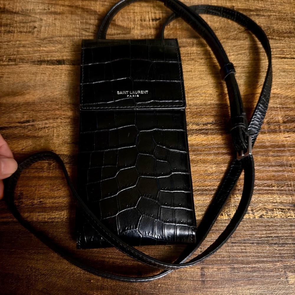 YSL Saint Laurent Black Croc-Embossed Crossbody Phone Bag
